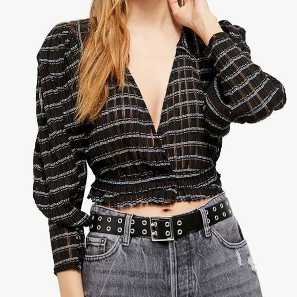 Free People Girlfriend combo top striped seer sucker puff sleeve v neck blouse - Picture 1 of 7